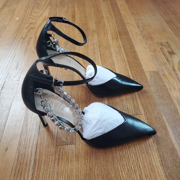 Schutz Aleah Leather Heels Sz 8 Pointed Toe Heel Black Rhinestone Chain NWOB - Picture 14 of 15